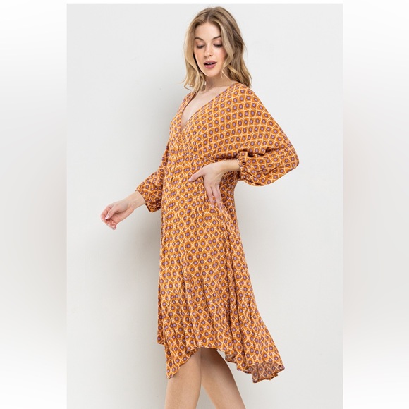 Boho . V-Neck Woven Print Tiered Midi Dress - Picture 3 of 5